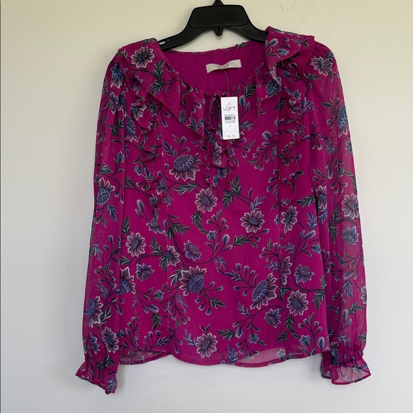 New LOFT Fuchsia Floral Ruffle Blouse - Picture 1 of 6